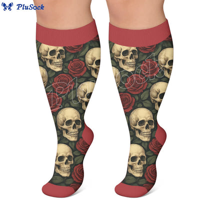 Plus Size Teal Skull Rose Compression Socks - image 2