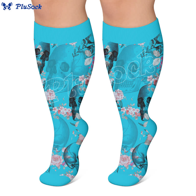 Plus Size Teal Skull Rose Compression Socks - image 3