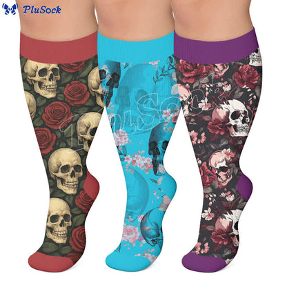 Plus Size Teal Skull Rose Compression Socks - image 0