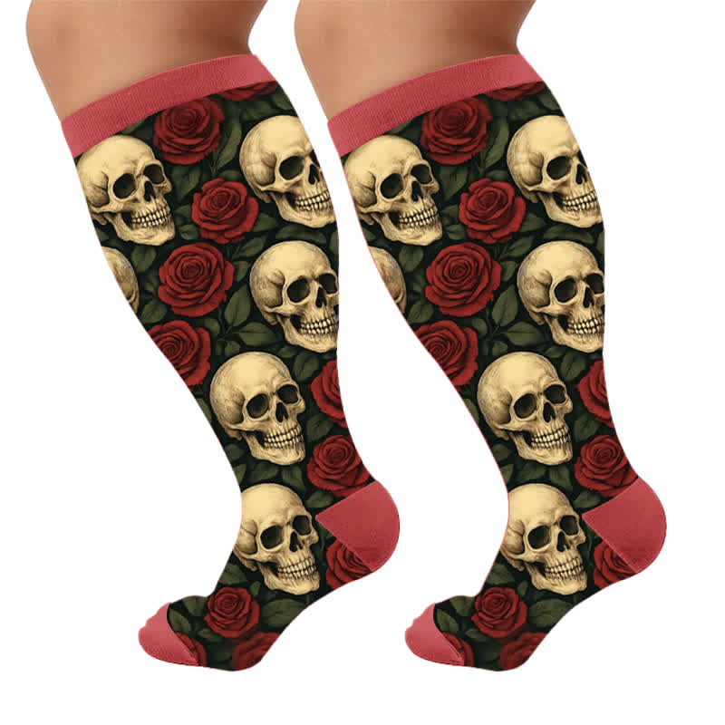 Plus Size Teal Skull Rose Compression Socks - Red(1 Pair) - 4XL - image 5