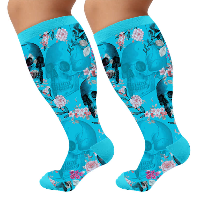 Plus Size Teal Skull Rose Compression Socks - Blue(1 Pair) - 4XL - image 6