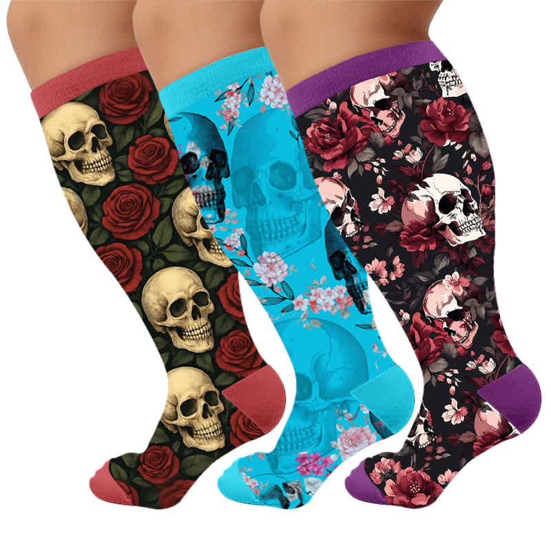 Plus Size Teal Skull Rose Compression Socks - Multicolor(3 Pairs) - 4XL - image 1