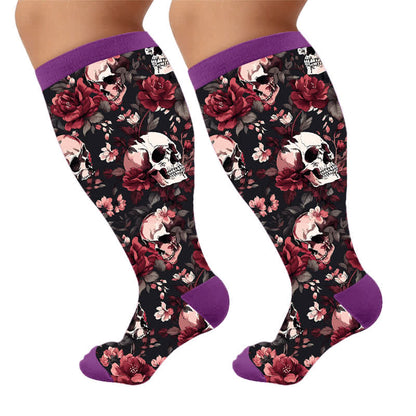 Plus Size Teal Skull Rose Compression Socks - Purple(1 Pair) - 4XL - image 7