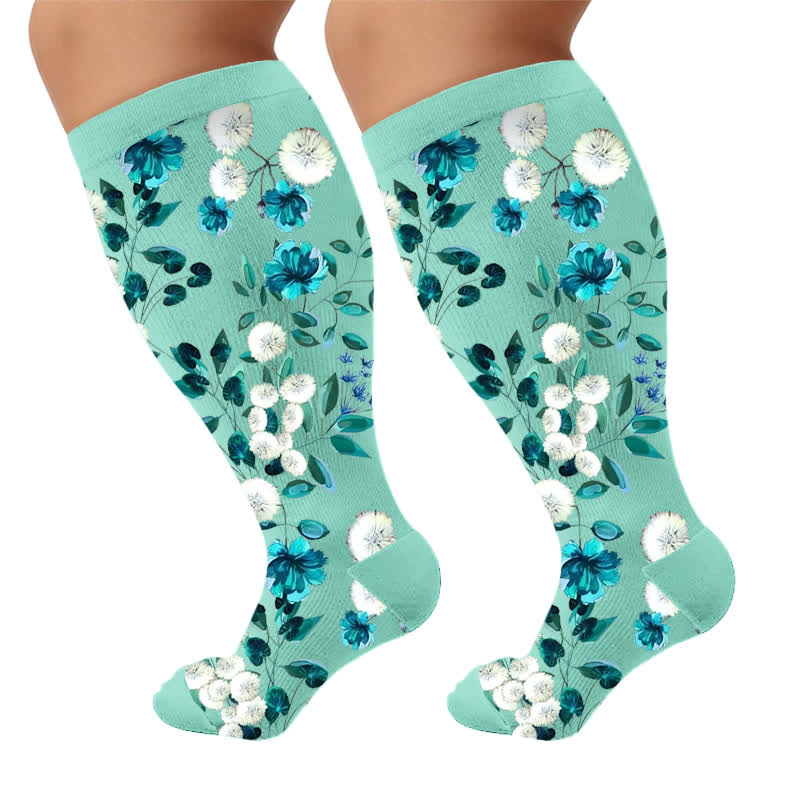 Plus Size Sweet Floral Compression Socks - Green(1 Pair) - 4XL - image 7