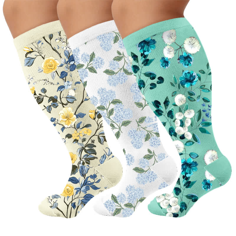 Plus Size Sweet Floral Compression Socks - Multicolor(3 Pairs) - 4XL - image 1