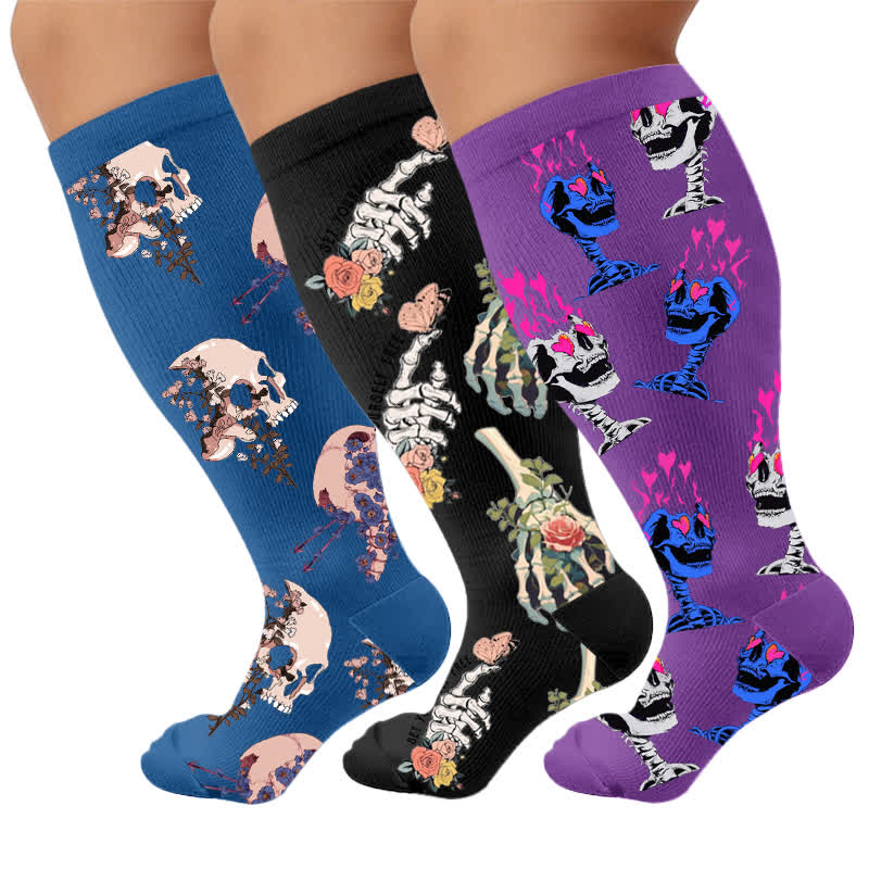Plus Size Alternative Skull Art Compression Socks - Multicolor(3 Pairs) - 4XL - image 1
