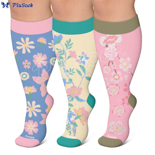 Plus Size Floral Pastel Compression Socks - Multicolor(3 Pairs) - 4XL - image 0