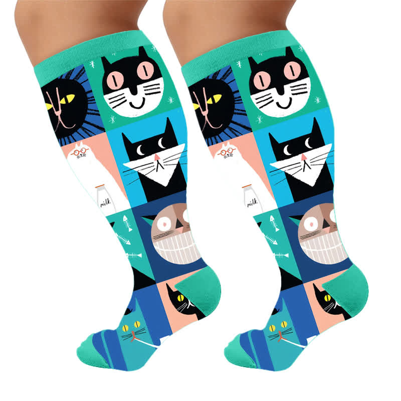 Plus Size Whimsical Abstract Cat Compression Socks - Blue(1 Pair) - 4XL - image 5