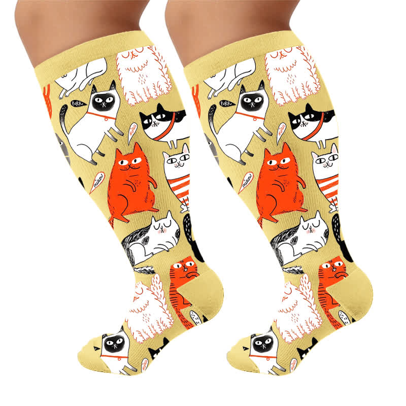 Plus Size Whimsical Abstract Cat Compression Socks - Yellow(1 Pair) - 4XL - image 6