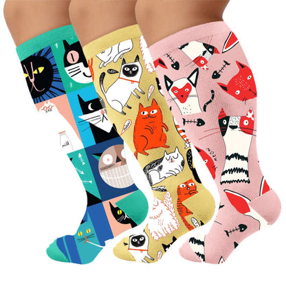 Plus Size Whimsical Abstract Cat Compression Socks - Multicolor(3 Pairs) - 4XL - image 1