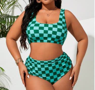 Checkerboard Two-Piece Bikini Set - Green - 4XL - image 1
