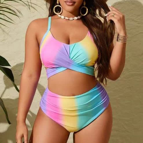 Tie Rainbow Print Bikini Set - Pink - 4XL - image 0