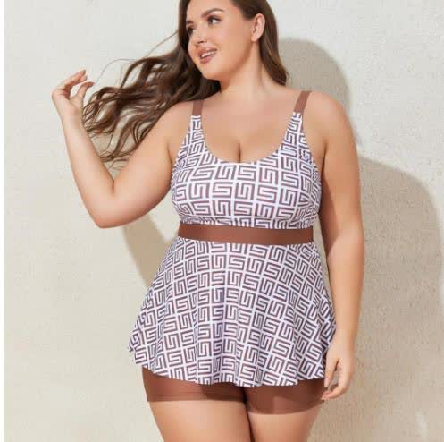 Geometric‑Print Two-Piece Swim Dress - Beige - 4XL - image 2