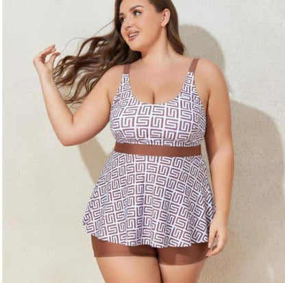 Geometric‑Print Two-Piece Swim Dress - Beige - 4XL - image 2