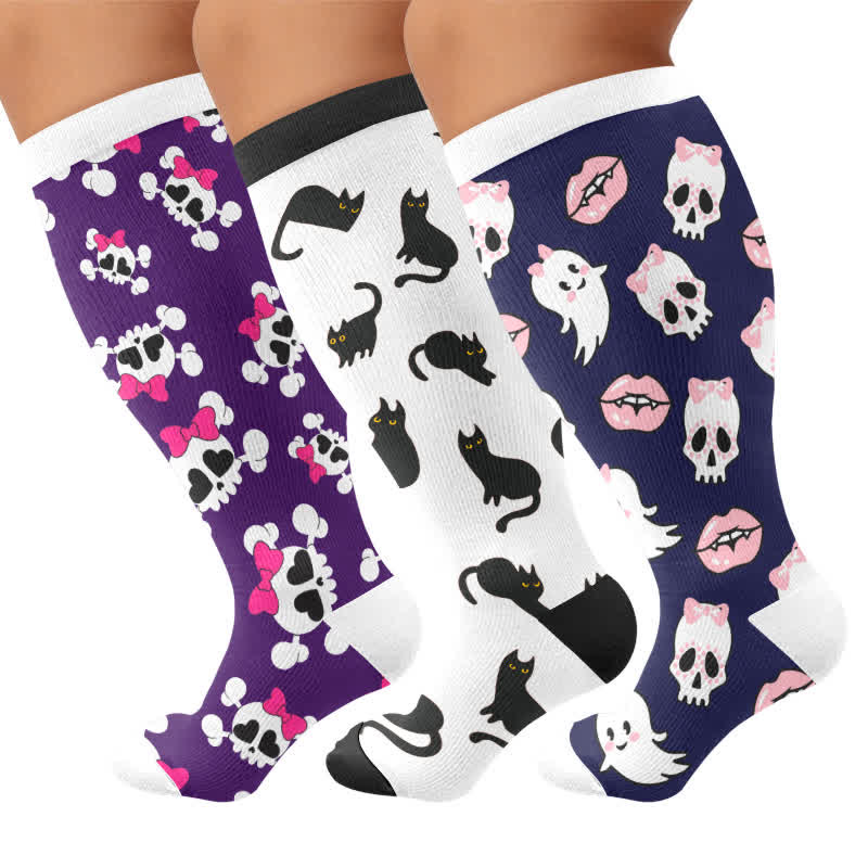 Plus Size Sweet Goth Skull Compression Socks - Multicolor(3 Pairs) - 4XL - image 1