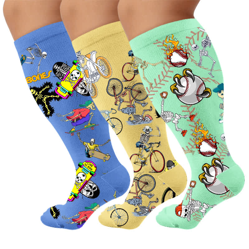 Plus Size Athletic Style Skull Compression Socks - Multicolor(3 Pairs) - 4XL - image 1