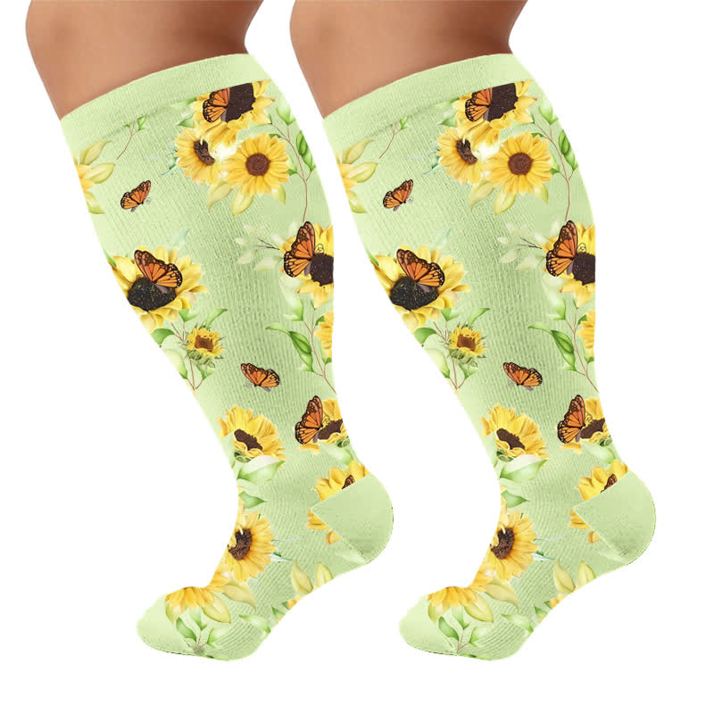 Plus Size Sunflower Butterfly Compression Socks - Light Green(1 Pair) - 4XL - image 5