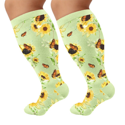 Plus Size Sunflower Butterfly Compression Socks - Light Green(1 Pair) - 4XL - image 5