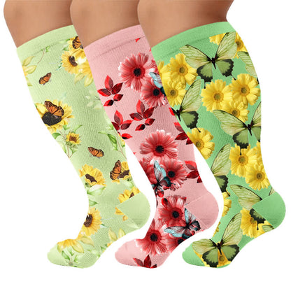 Plus Size Sunflower Butterfly Compression Socks - Multicolor(3 Pairs) - 4XL - image 1