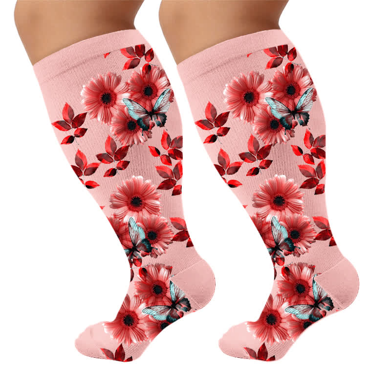 Plus Size Sunflower Butterfly Compression Socks - Pink(1 Pair) - 4XL - image 6