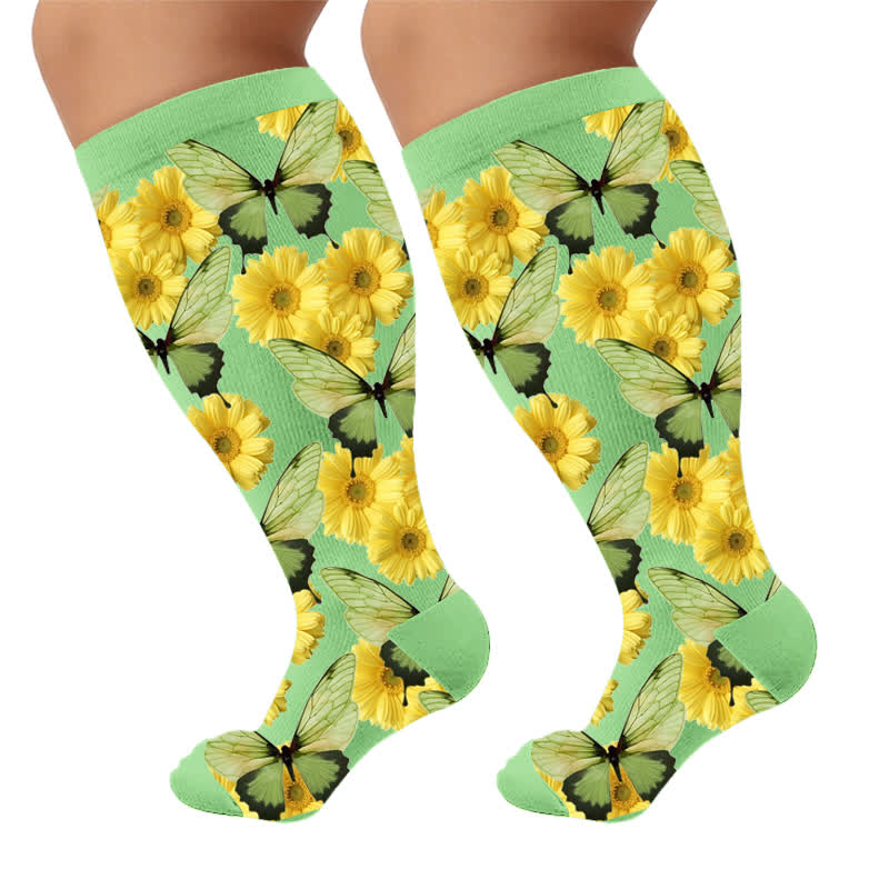 Plus Size Sunflower Butterfly Compression Socks - Green(1 Pair) - 4XL - image 7