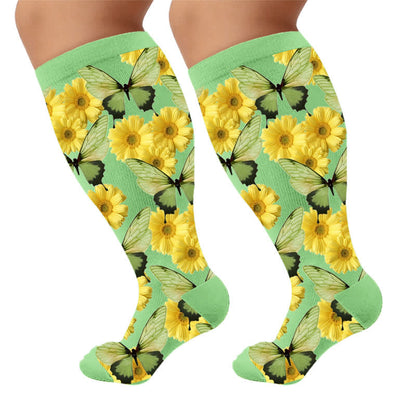 Plus Size Sunflower Butterfly Compression Socks - Green(1 Pair) - 4XL - image 7