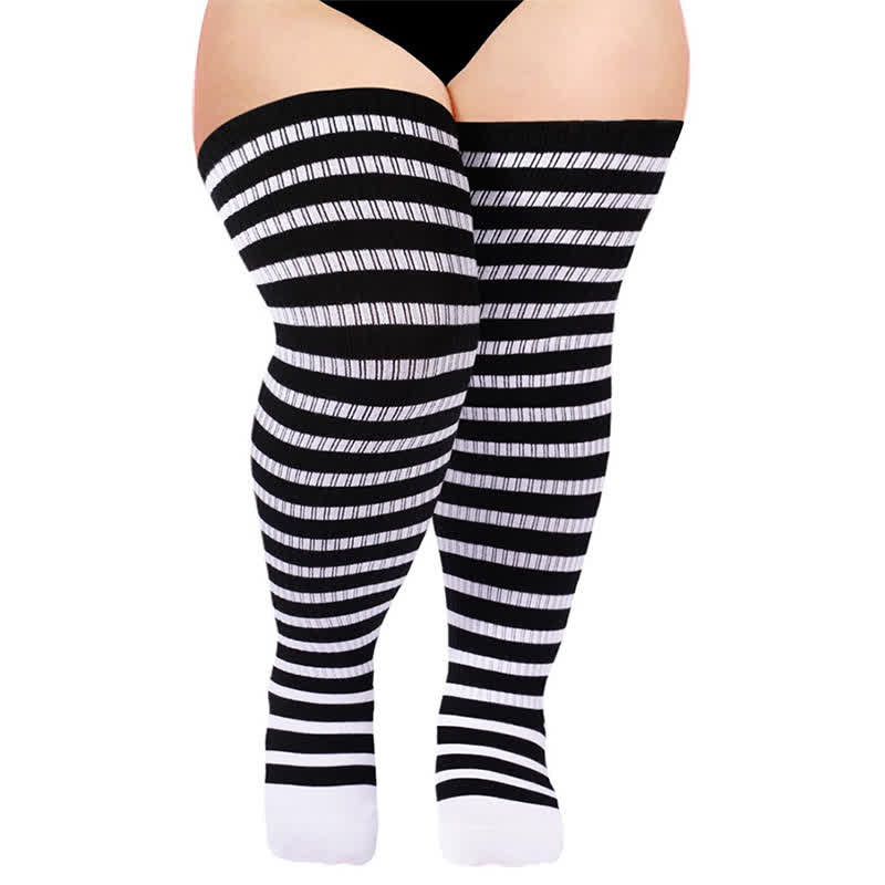 Striped Daily Wear Thigh High Compression Socks - White - One Size - With Elastic Buckle - image 1