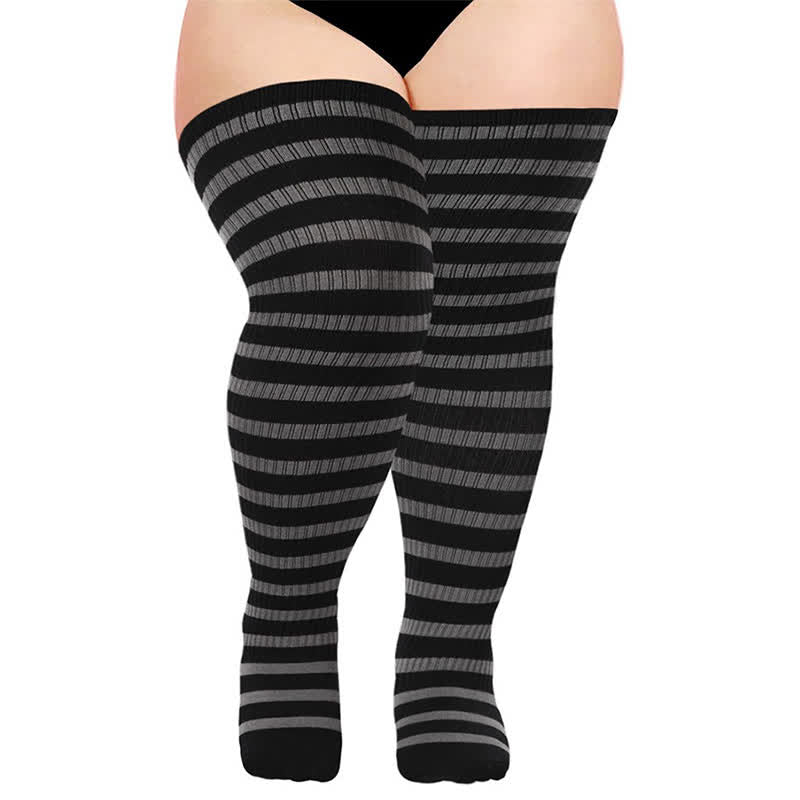 Striped Daily Wear Thigh High Compression Socks - Grey - One Size - With Elastic Buckle - image 7