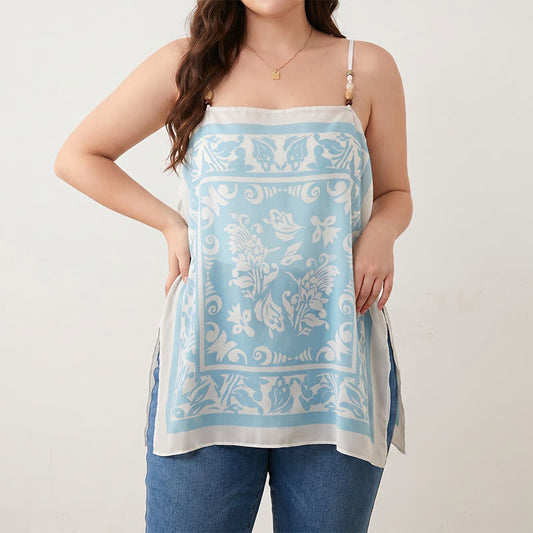 Plus Size Scarf Print Tank Top(2 Pieces) - Blue - 3XL - image 0