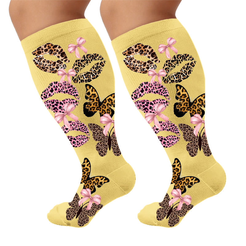 Plus Size Leopard Kiss Bow Compression Socks - Yellow(1 Pair) - 4XL - image 8