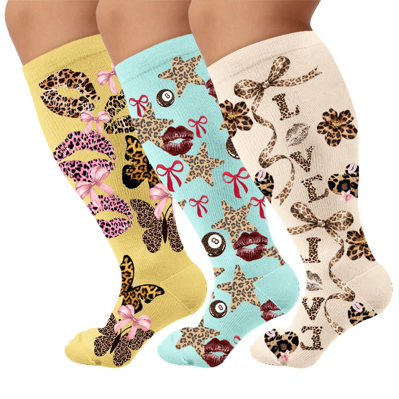 Plus Size Leopard Kiss Bow Compression Socks - Multicolor(3 Pairs) - 4XL - image 4