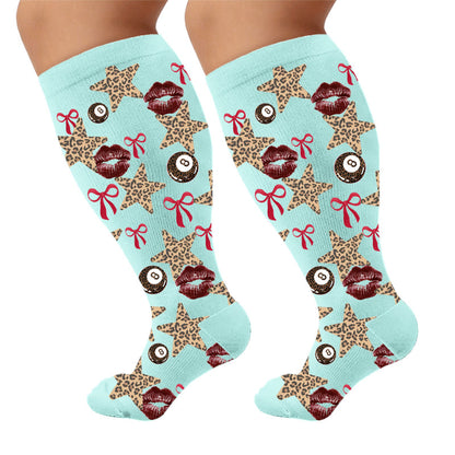 Plus Size Leopard Kiss Bow Compression Socks - Blue(1 Pair) - 4XL - image 9