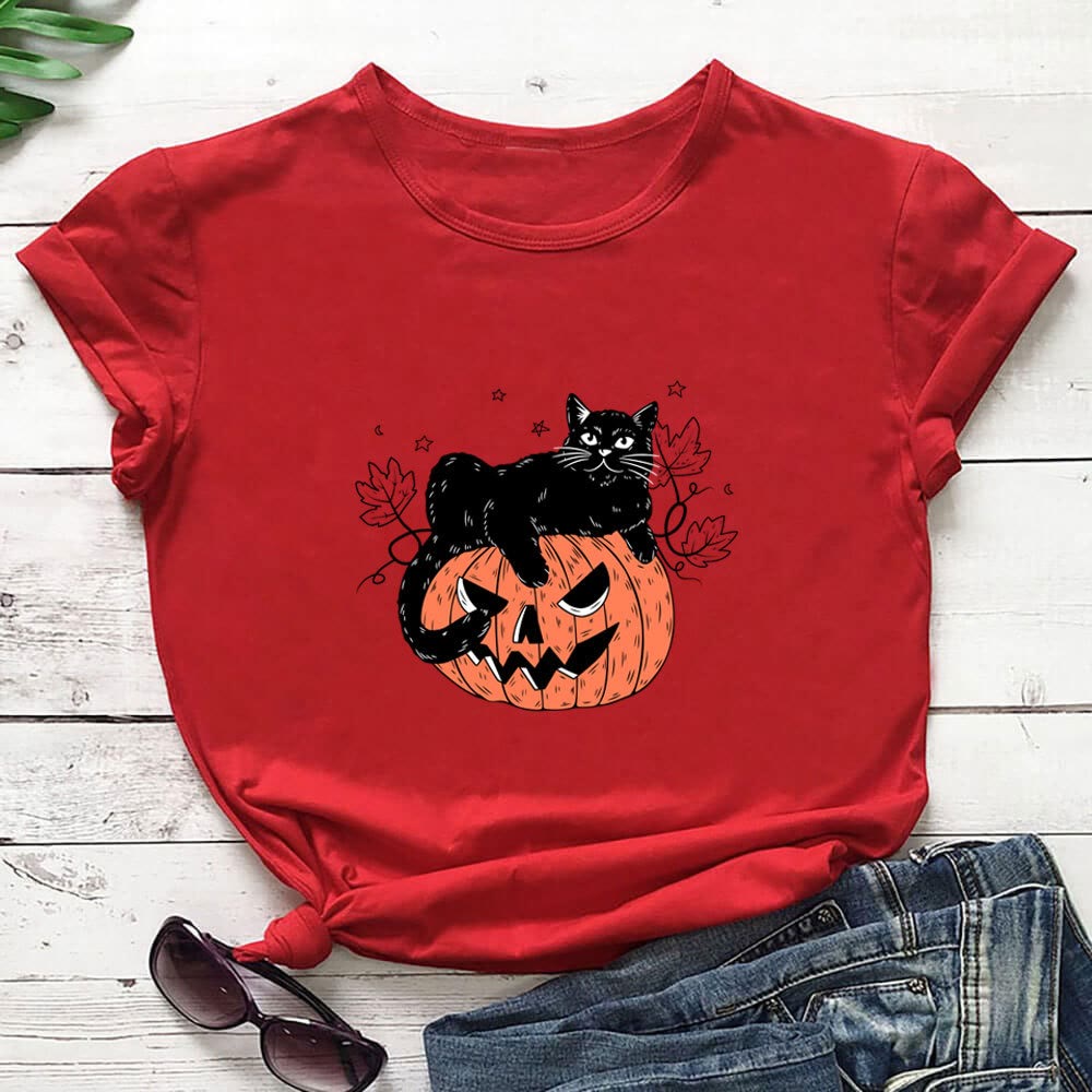Plus Size Cat Pumpkin Print Short Sleeve T-Shirt - Red - 3XL - image 3