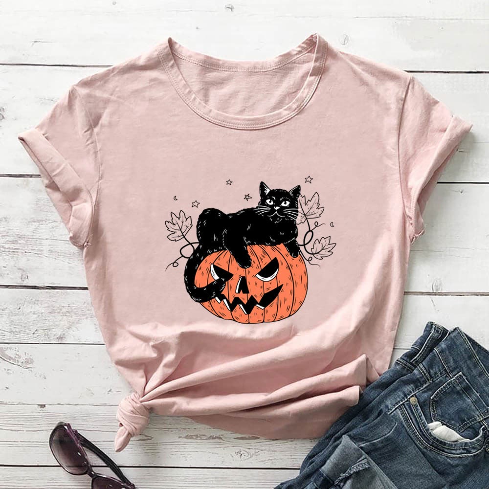 Plus Size Cat Pumpkin Print Short Sleeve T-Shirt - Light Pink - 3XL - image 1
