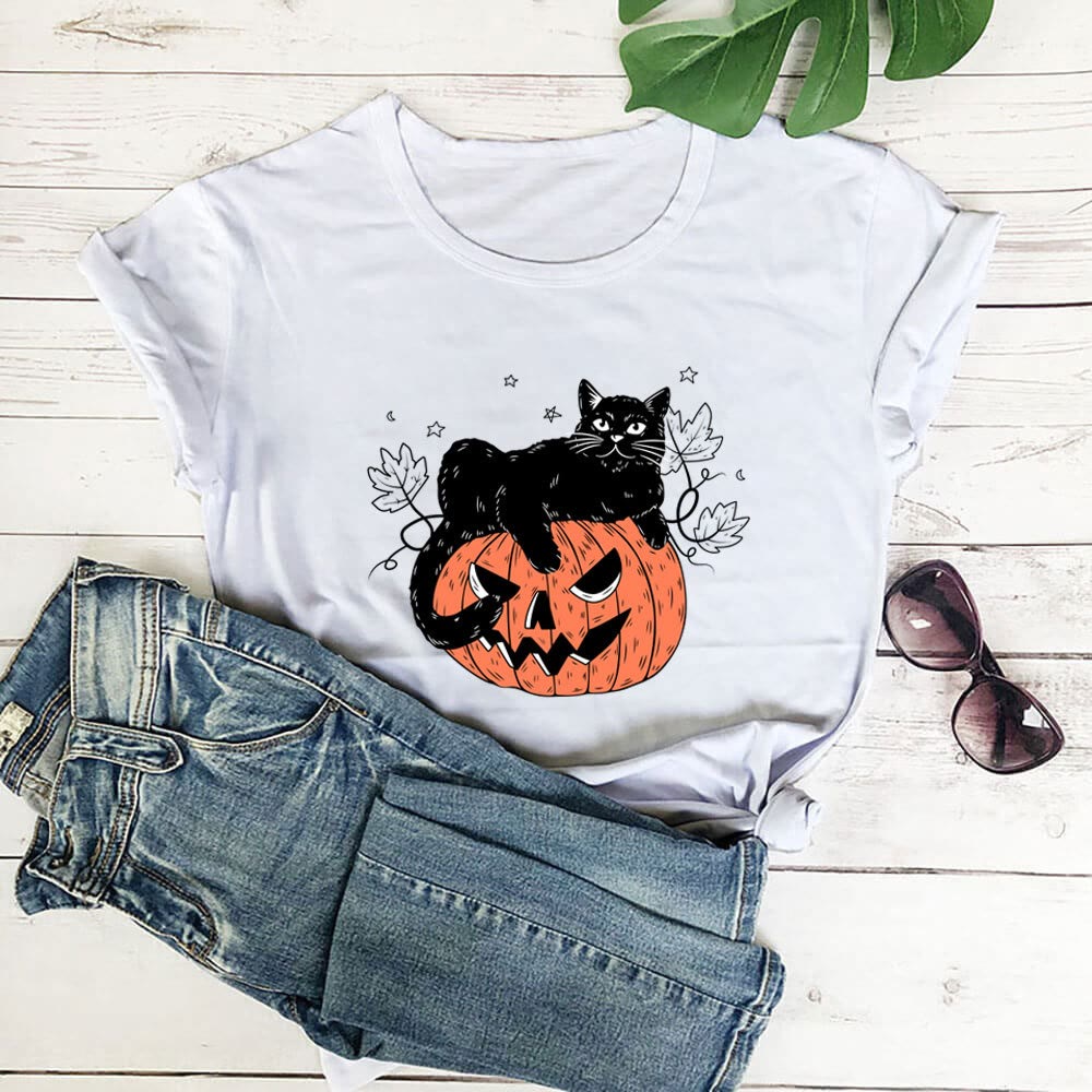 Plus Size Cat Pumpkin Print Short Sleeve T-Shirt - White - 3XL - image 5
