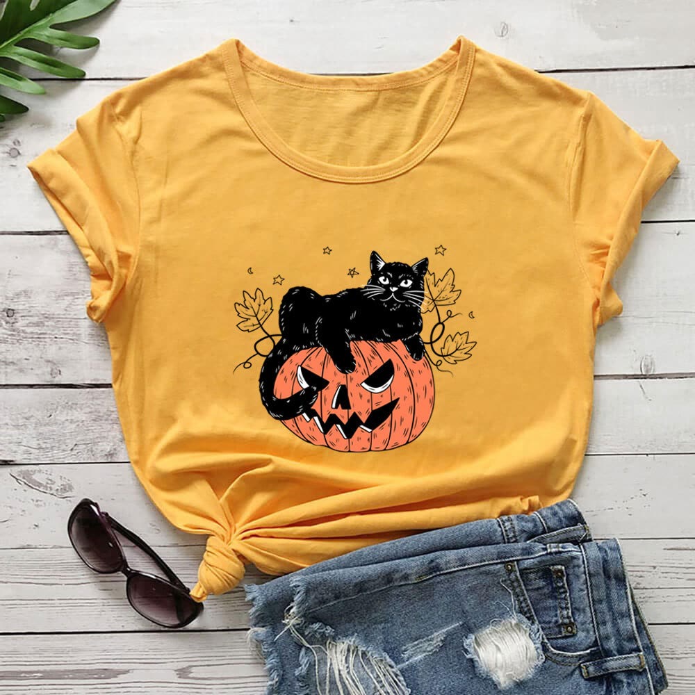 Plus Size Cat Pumpkin Print Short Sleeve T-Shirt - Yellow - 3XL - image 6