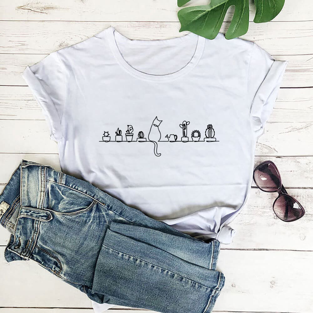 Plus Size Cat Flower Short Sleeve T-shirt - White - 3XL - image 2
