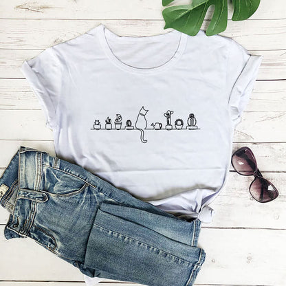 Plus Size Cat Flower Short Sleeve T-shirt - White - 3XL - image 2