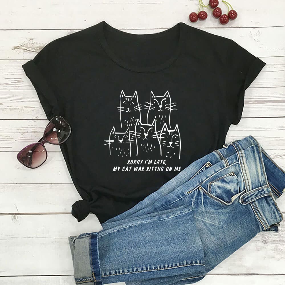 Plus Size Cat Funny Letter Short Sleeve T-shirt - Black - 3XL - image 1