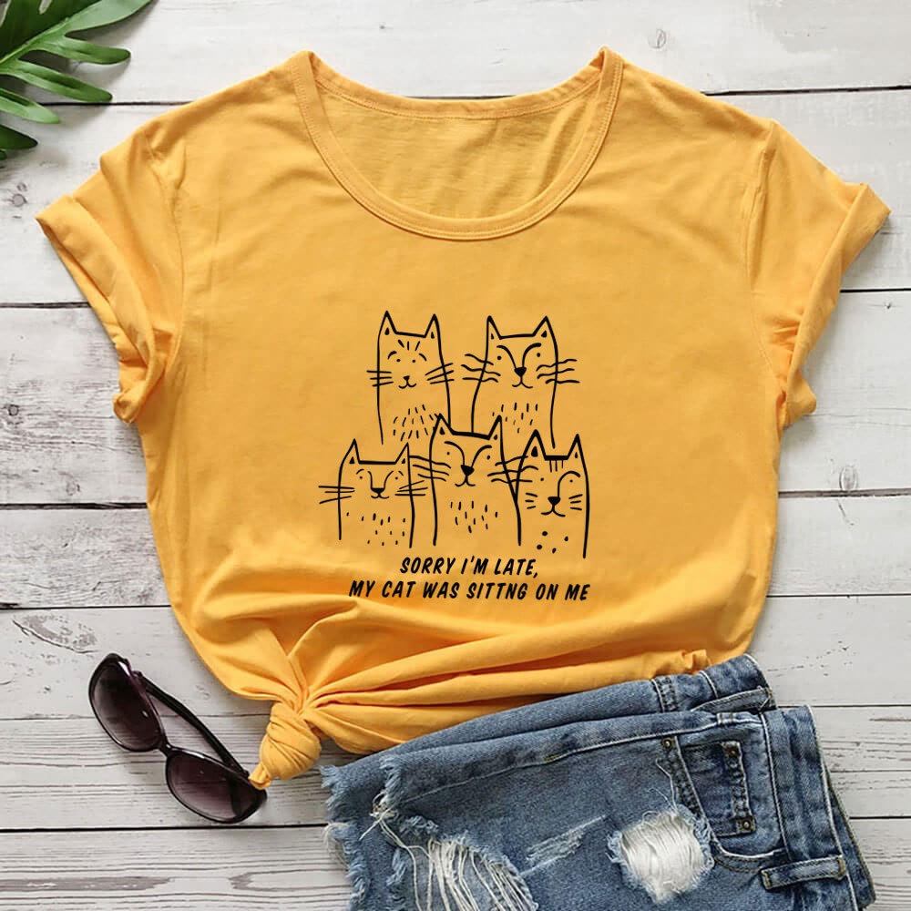 Plus Size Cat Funny Letter Short Sleeve T-shirt - Yellow - 3XL - image 5