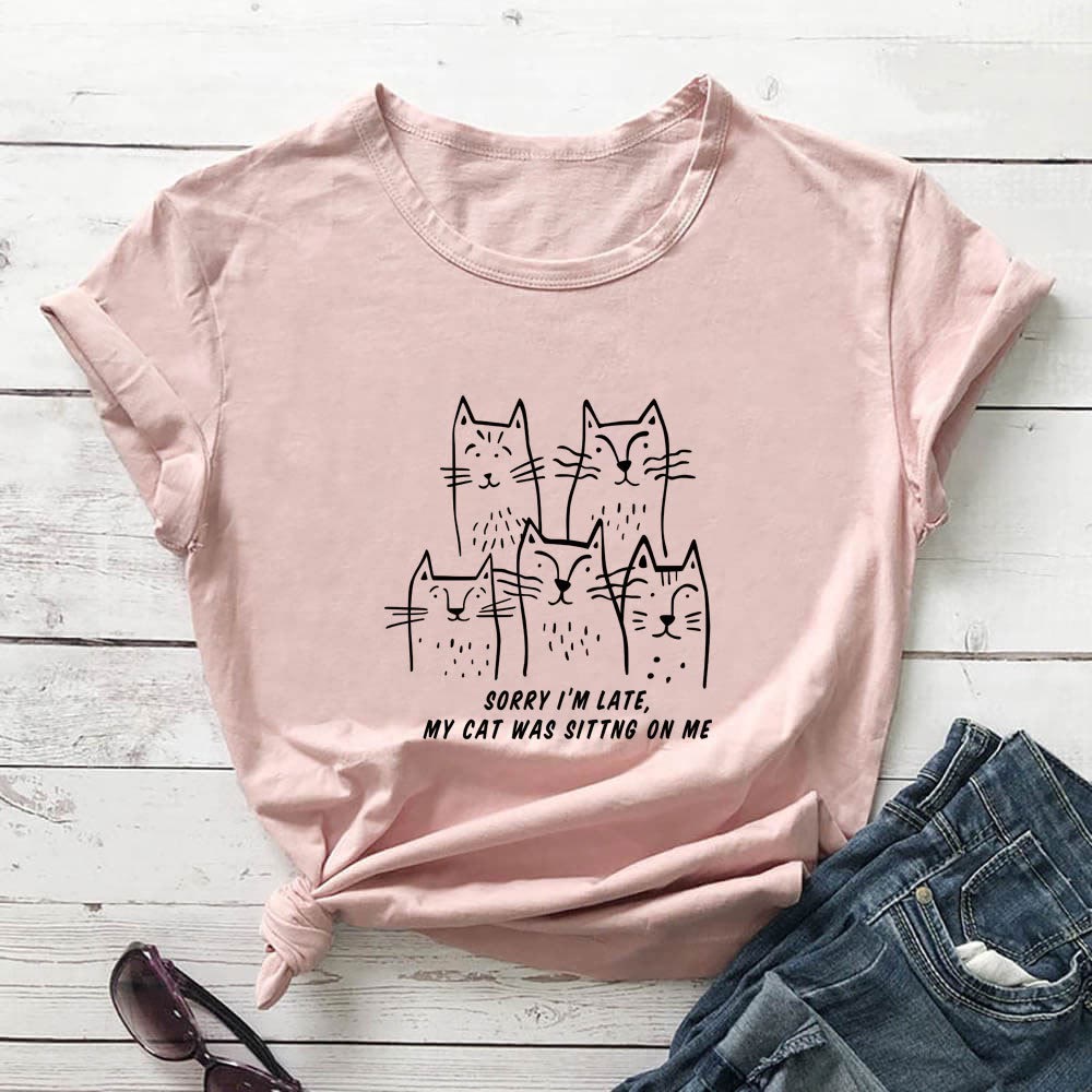 Plus Size Cat Funny Letter Short Sleeve T-shirt - Light Pink - 3XL - image 6