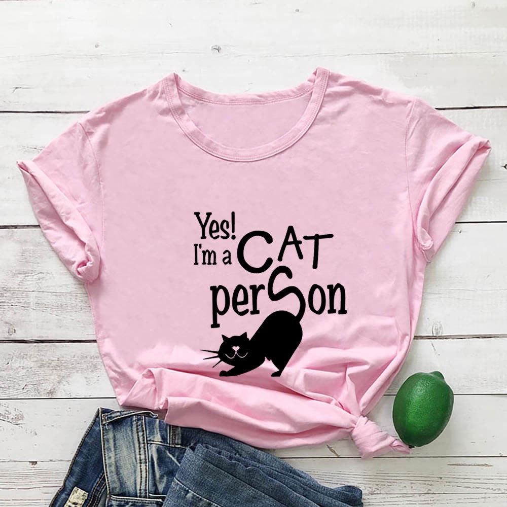Plus Size Cat Person Letter Short Sleeve T-shirt - Pink - 3XL - image 3