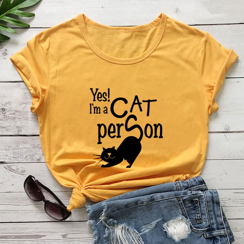 Plus Size Cat Person Letter Short Sleeve T-shirt - Yellow - 3XL - image 7