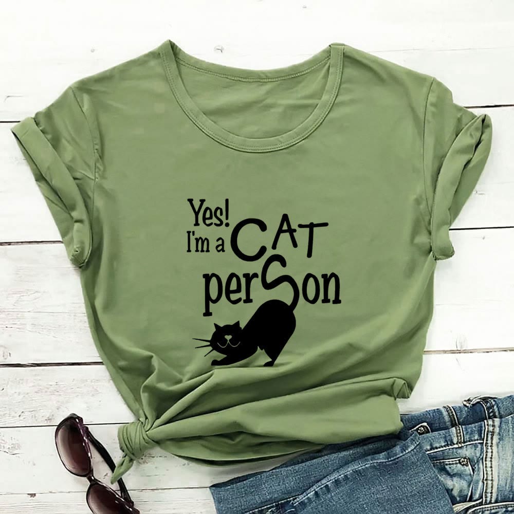 Plus Size Cat Person Letter Short Sleeve T-shirt - Green - 3XL - image 5