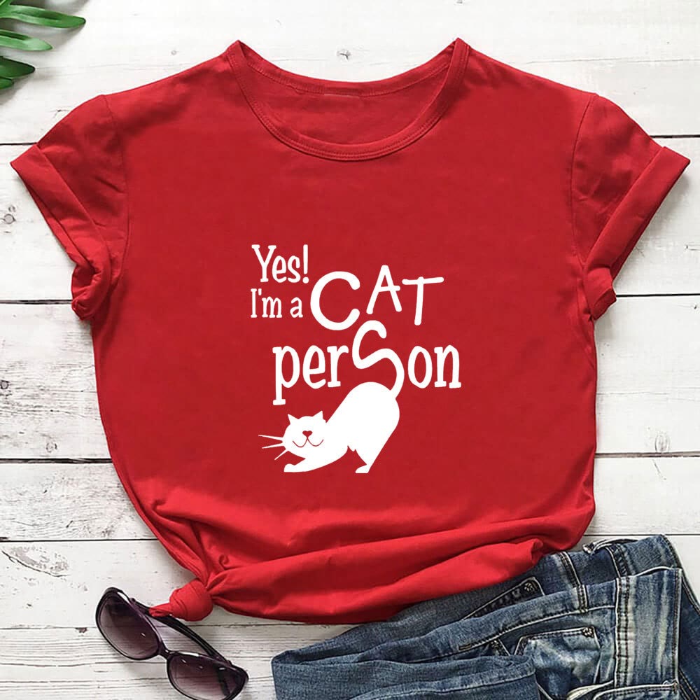 Plus Size Cat Person Letter Short Sleeve T-shirt - Red - 3XL - image 4