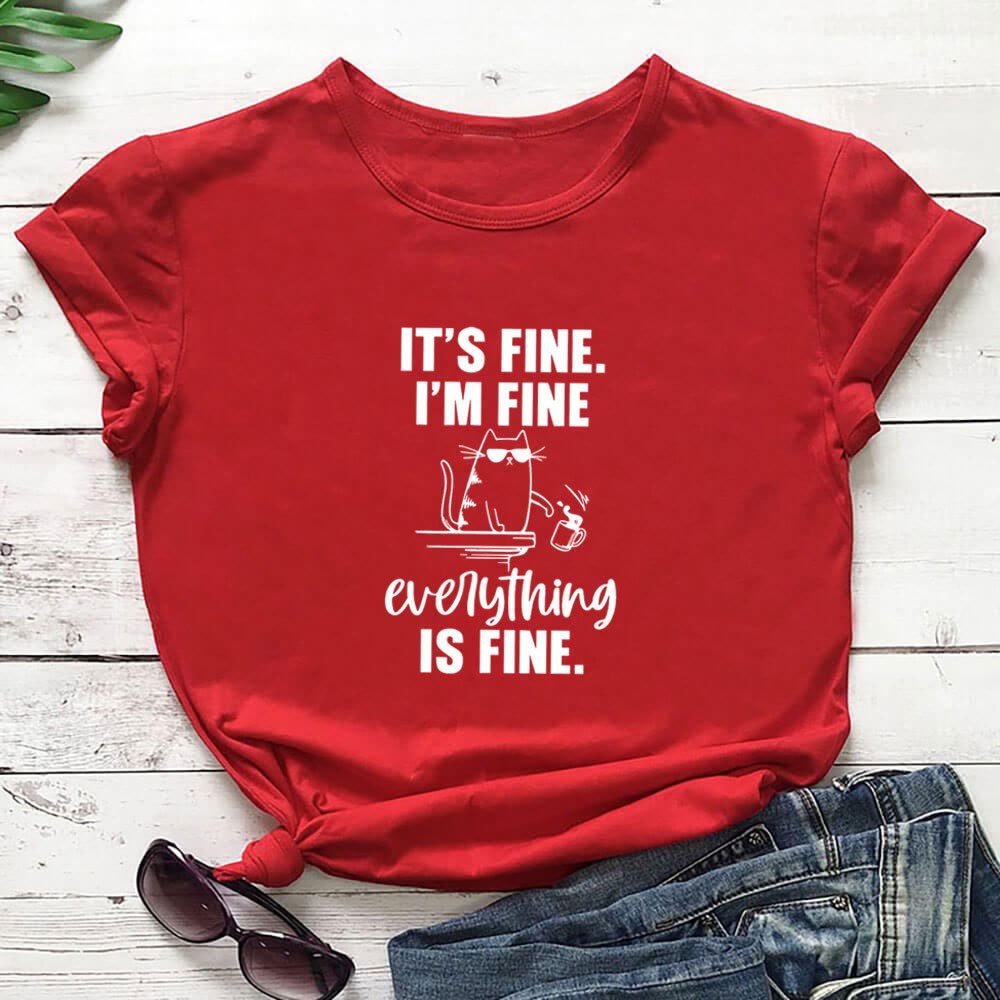 Plus Size Mischievous Cat Short Sleeve T-shirt - Red - 3XL - image 4