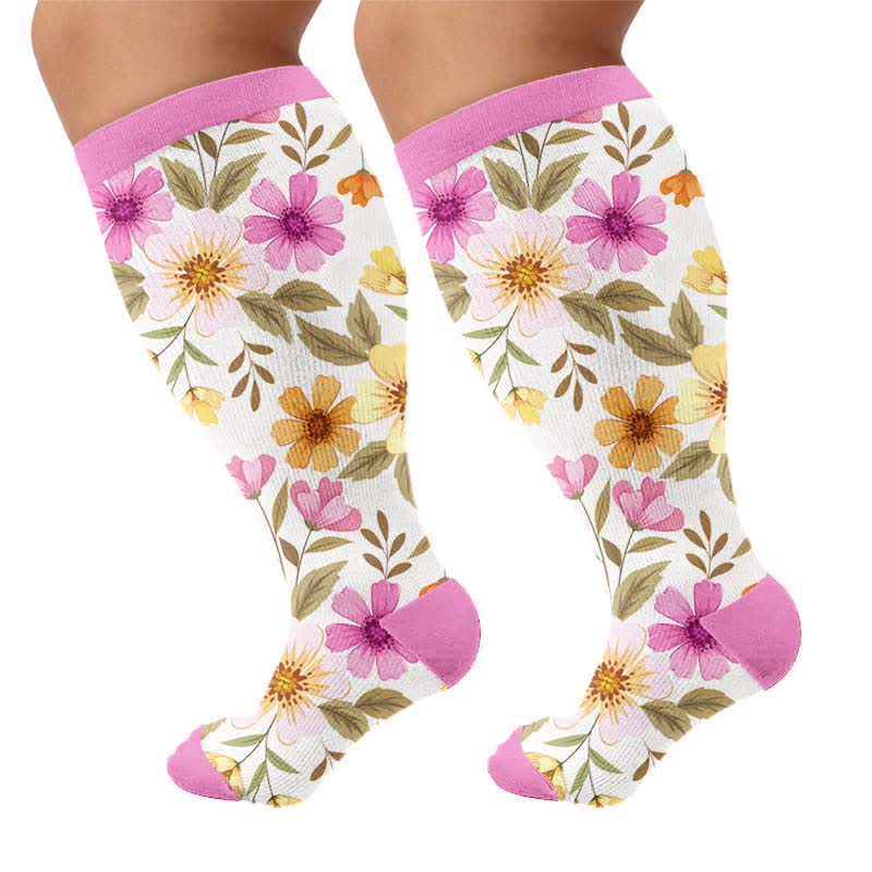 Plus Size Floral Knit Compression Socks - Pink(1 Pair) - 4XL - image 10
