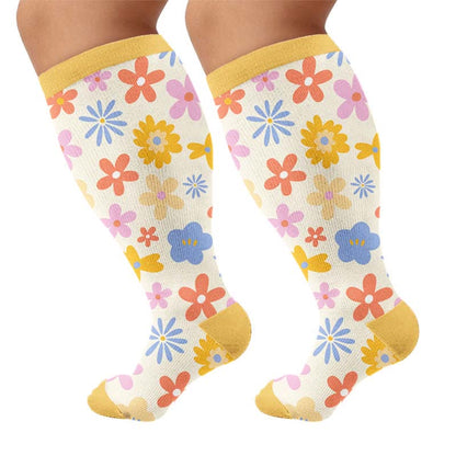 Plus Size Floral Knit Compression Socks - Yellow(1 Pair) - 4XL - image 9