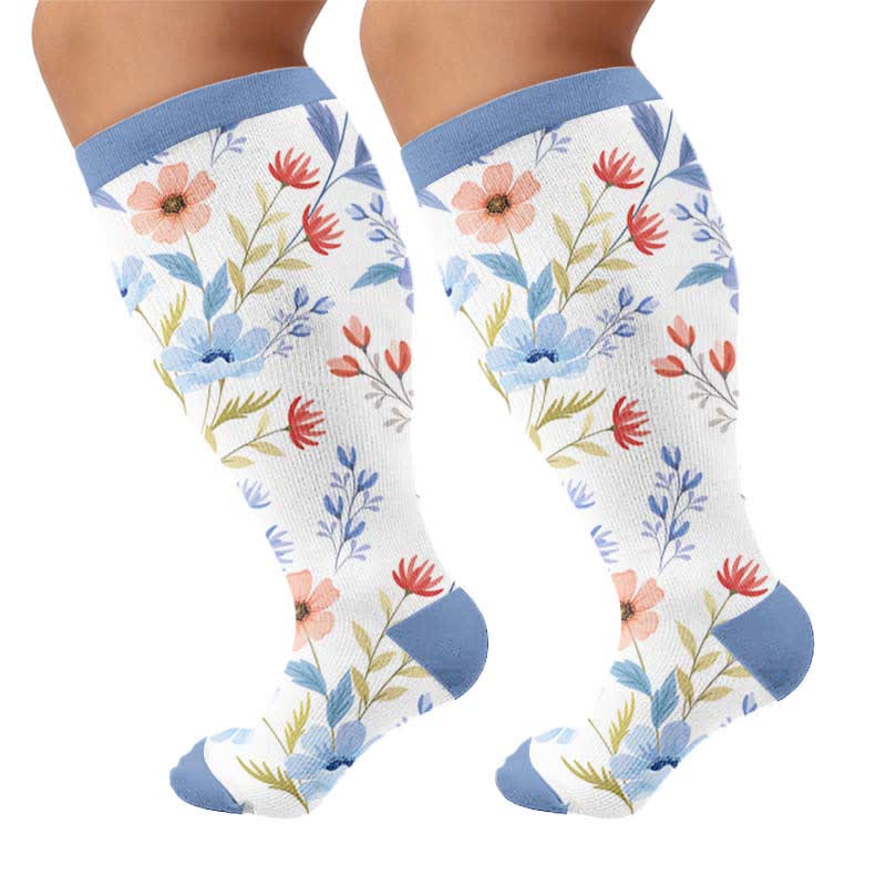 Plus Size Floral Knit Compression Socks - Blue(1 Pair) - 4XL - image 8