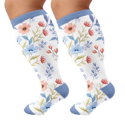 Plus Size Floral Knit Compression Socks - Blue(1 Pair) - 4XL - image 8